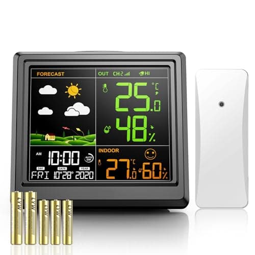 Station Météo Interieur Exterieur Sans Fil | Hygromètre Thermomètre Numérique Intérieur et Extérieur | Avec Horloge Numérique Alarme | Ecran LCD Couleur Rétro-Éclairé | Prévisions Météo | Noir