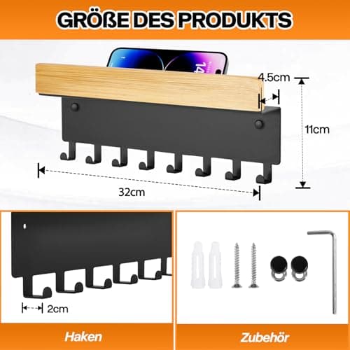 TINIFO Porte Clé Mural en Bois - Accroche Clef Mural Noir, Rangement Clef Mural Moderne avec 8 Crochets pour Couloir, Cuisine, EntréE