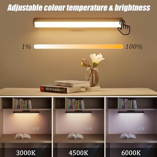 Klighten Reglette LED Cuisine Sans Fil, 4000mAh Dimmable Lampe de Bureau Rechargeable USB, Lumiere Magnetique, Contrôle Tactile, Lampe Placard Pile Adhesif, 2W 200LM, 1 pcs