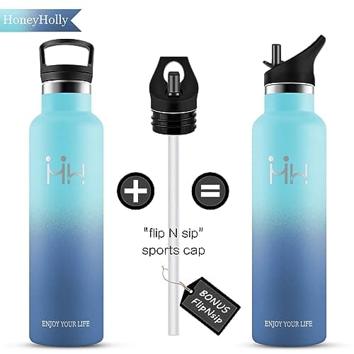 HoneyHolly Gourde Isotherme - Bouteille Isotherme 1L - Gourde INOX avec Paille - Gourde Sport Étanche - 18/8 Acier Inoxydable, Bouteille d'eau pour Sport, Randonnée, École, Bureau