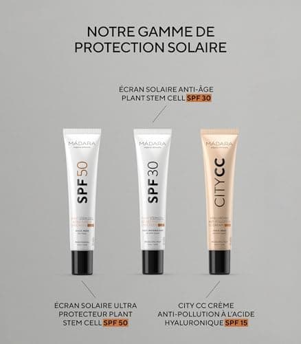 MÁDARA Organic Skincare | Écran solaire anti-âge pour le visage aux cellules souches végétales SPF30-40 ml, écran solaire minéral teinté, UVA/UVB à large spectre, certifié COSMOS Natural.