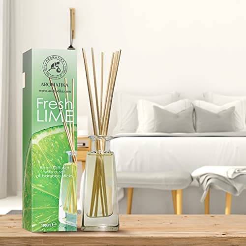 Diffuseur Parfum de Citron Vert 100ml - avec Huile Essentielle Naturelle de Lime avec 10 Bâtonnets de Bambou - Idéal pour Aromathérapie - Spa - Maison - Fragrance Fraîche et Durable
