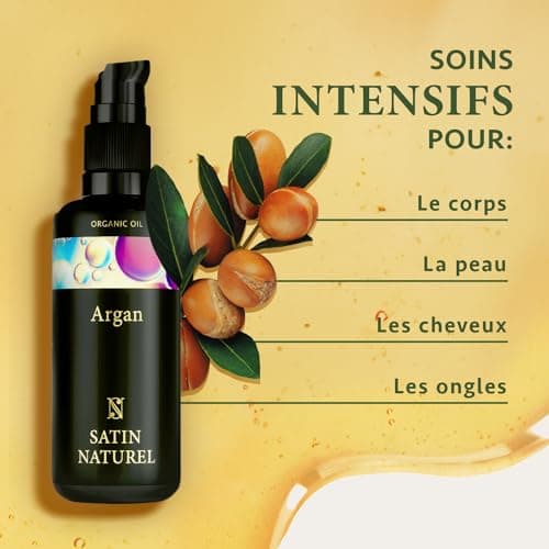 Huile Argan Bio 100ml, Huile Cheveux Pousse Cheveux et Brillance - Huile Visage Hydratante Naturelle - Huile Demaquillant Visage - Huile dargan visage - Huile d'Argan Bio - Argan Oil - Satin Naturel