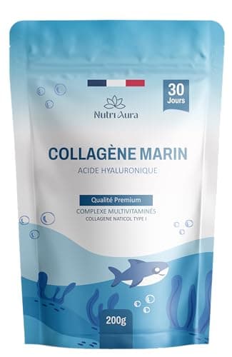 Collagène Marin Poudre Type 1 + Acide Hyaluronique, Glycine, Silicium, Vitamines C et D3 - Peau & Articulations - 5218mg de Collagène Hydrolysé à 1400 Da - Peptides - gout neutre - Fabriqué en France