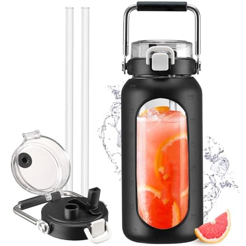 HYDRAGLAZIC 2L Verre Gourde avec paille et marqueur de temps Motivationnel Bouteille avec manchon en silicone Large bouche Borosilicate Cruche d'eau Sans BPA Anti-fuite, Noir