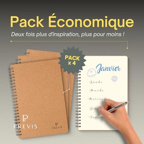 PREVIS X4 Carnet de Notes A5 Feuille Blanche 100% Recyclée - Lot de 4 Petit Cahier de Note A5 avec Anneaux - Idéal pour les Devoirs, le Travail, la Détente et le Déstressage de l'Esprit