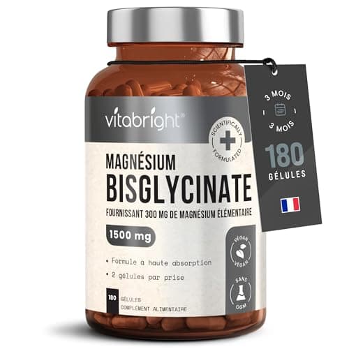 Magnesium Bisglycinate 1500mg, 3 Mois, 300mg de Magnesium Pur Élémentaire en Poudre, 180 Gelules de Magnesium Bio, Magnésium Bisglycinate/Bisglycinate de Magnésium Bio, VitaBright Magnesium Glycinate