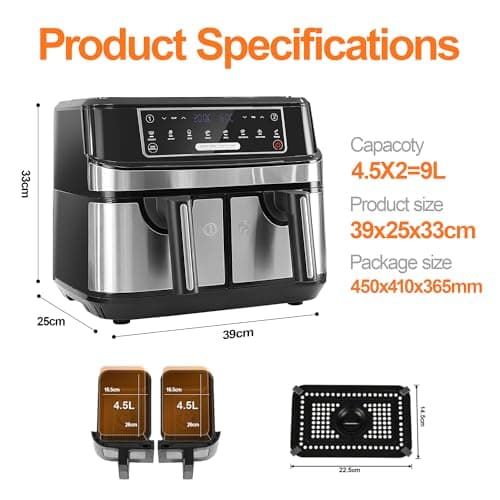 Air Fryer avec Double Compartiment, Emphsism Friteuse Sans Huile 9L Avec 8 Programmes 2600W, Friteuse à Air Chaud, Fonctions Match Cook & Smart Finish, Friteuse Electrique avec LED Écran Tactile