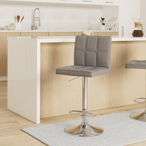Leader Accessories Lot de 2 Tabourets de Bar,Double Couture Dos Carré avec Bouton Décoration, Réglage en Hauteur avec Dossier,Revêtement en PU, Rotatif à 360 Dégrées, pour Comptoir,Cuisine,Gris Clair