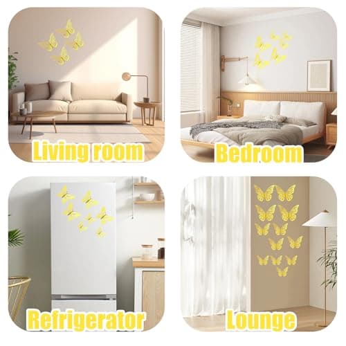 60 Pièces Papillon Décorations,Stickers Muraux de Papillons 3D,Autocollants muraux de Papillons Doré Pour Chambre,Salon,Gâteau,fête,mariage