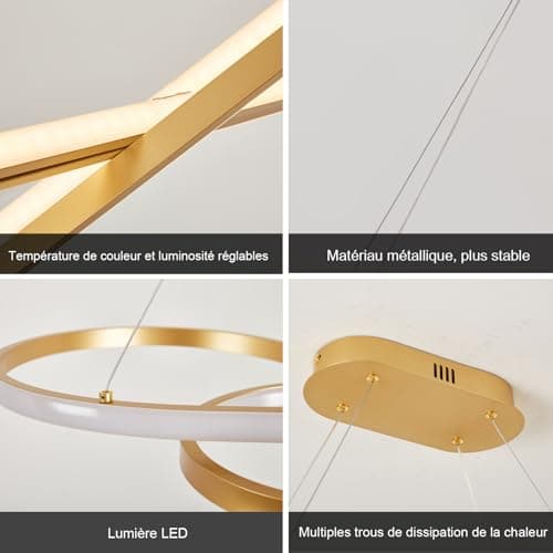AHRHSM Lampe à Suspension LED Table à Manger, Suspension Moderne à Intensité Variable 57W, Réglable en Hauteur, Suspension avec Télécommande, Pour Salles à Manger, Cuisines (Or)