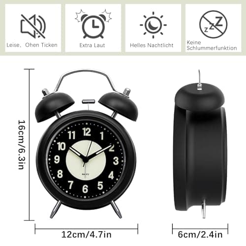 Idota Réveil Lumineux Analogique - Silencieux Sans Tic-Tac - Rétro Double Cloche - Avec Naghlight et Grand Cadran 10,16 cm - Fonctionne Avec Piles - Puissant