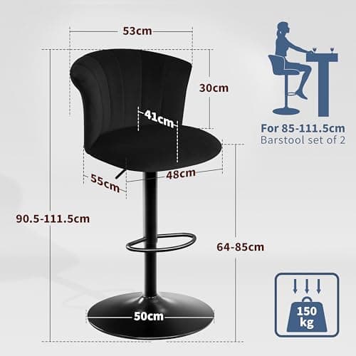 STOOLINK Tabouret de Bar Lot de 2 Chaise de Bar Tissu Velours Soie, Cuisine Siège Bar Réglables Chaises Bar, Tabourets de Bar avec Repose-Pieds, Convient pour Cuisine, Comptoir, Bar-Noir
