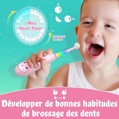 seago recharge brosse a dent enfant, brosse a dent electrique enfant de 2 ans à 6 ans, brosse a dent bebe avec lumière LED 8 têtes, minuteur et vibrations (rosa)
