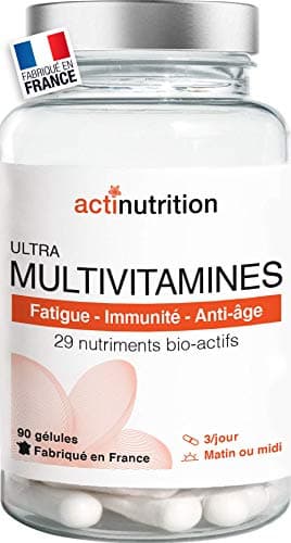 ULTRA Multivitamines | 29 Nutriments Bio-actifs dont Vitamines C & D + Ferments Lactiques | 90 gélules | Pour Vitalité, Immunité et Stress | Fabriqué en France par Actinutrition