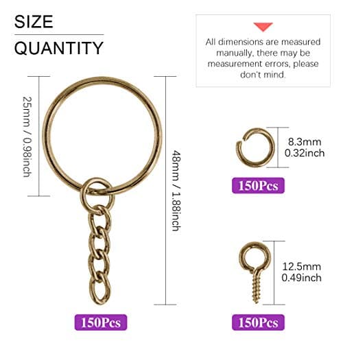 Swpeet Lot de 450 anneaux porte-clés en argent avec chaîne et 150 anneaux avec vis à œillet pour la fabrication de bijoux (bronze)