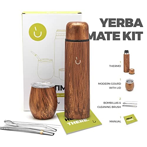 BALIBETOV Ensemble complet de Yerba Mate - Modern Mate Gourd, Thermos, Bombilla et Brosse de Nettoyage Inclus - Tous en Acier Inoxydable 304 18/8 de Qualité Supérieure (Bois)