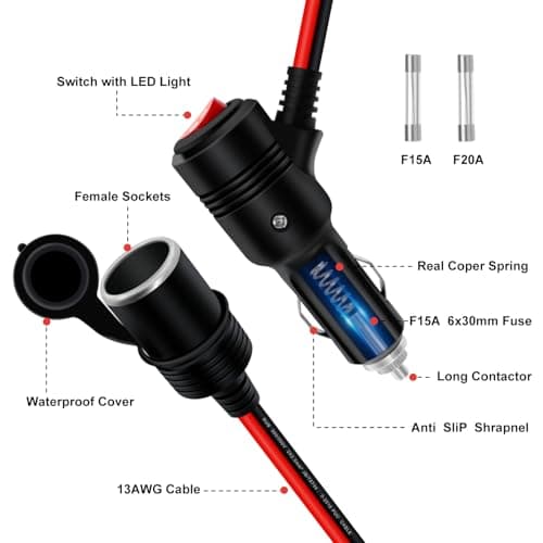 HuaLiSiJi Rallonge Allume Cigare avec Interrupteur 12V 24V Allume Cigare Câble D'extension avec LED 14 AWG 15A 20A pour Moto Bateau,Voiture,Camion (1m)