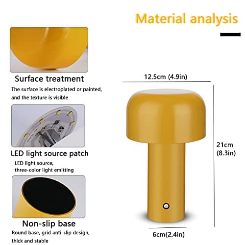 Lampe de table champignon, lampe de table sans fil, lampes de chevet à intensité variable, lampes de table tactiles LED, lampe de table rechargeable pour salon, chambre, bar, salle à manger, jaune