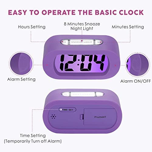 Plumeet Réveil électronique, Alarm Réveil Matin avec Grand écran LCD, Fonction Snooze, avec Veilleuse, Alimenté par Batterie,Convient Aux Alarmes de Voyage et de Chevet (Violet)