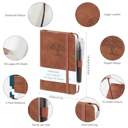 HOMEMARS Carnet de Notes, Cahier A6 Page Blanche,Vert Marron Bleu, Petit Carnet, Petit Cahier, 3 Paquet, Cahier de Note, Carnet de Voyage, 14.4 cm x 9.6cm, 192 Pages Chacune, Motif d'arbre en Relief