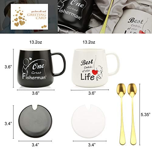 Sovyime Tasse à Café en Céramique, Coffret Cadeau Tasse Couple avec Couvercle et Cuillère, Tasse Cadeau Mariage Couple pour Mariée et Le Marié(One Great Fisherman, Best Catch of His Life)