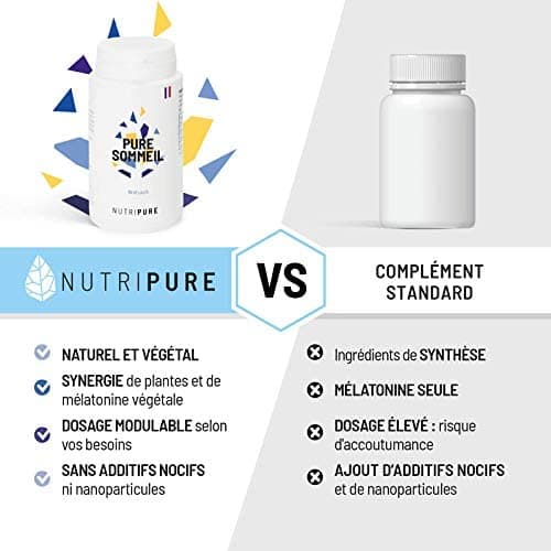 Nutripure | Pure Sommeil 1,9mg | Complément alimentaire pour l’endormissement | Evite les insomnies | Mélatonine, plantes naturelles, Extrait de mélisse bio & valériane | Vegan | 60 gélules | France