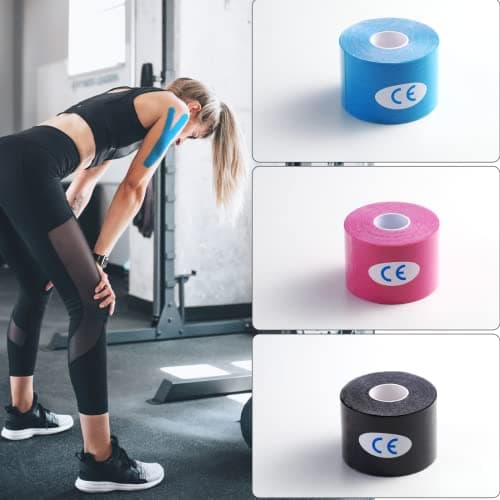 CareHabi - Bande de kinésiologie de sport pour les muscles, 5 m x 5 cm, 3 rouleaux (1 x bleu, 1 x rose, 1 x noir), bande de kinésiologie étanche & élastique pour le sport