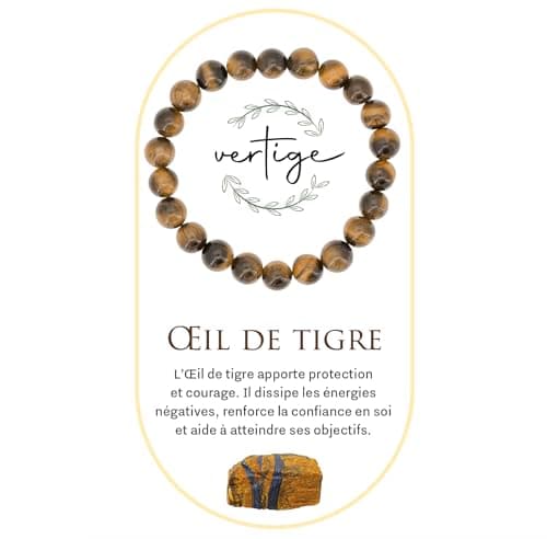 VERTIGE Bracelet de lithothérapie Œil DE TIGRE, Pierres 8mm Minérales, Source de bien être, Apporte AMBITION et CONFIANCE EN SOI, Bracelet Femme/Homme