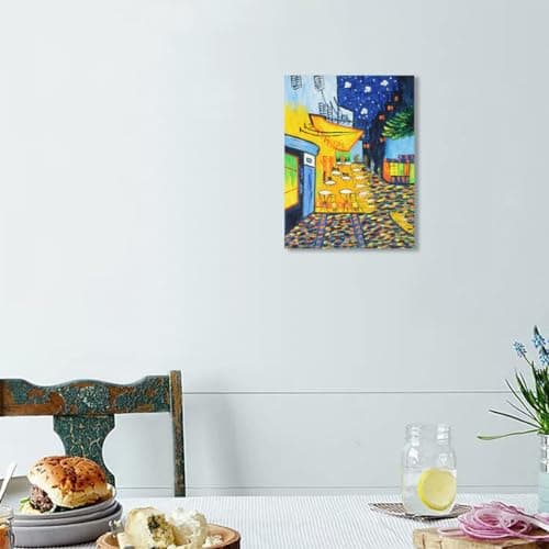 Fokenzary Peinture à la main Café Terrasse Reproduction de Vincent Van Gogh abstrait Tableau sur toile murale encadrée prête à accrocher, 12x16in