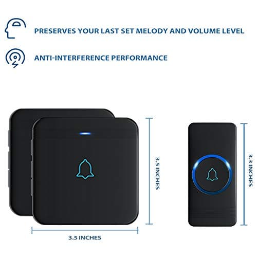 AVANTEK Sonnette sans Fil, Bouton de Sonnette, Carillon de Porte étanche IP55 avec 2 récepteurs enfichables, Flash LED, 5 Niveaux de Volume, 52 mélodies, portée de Fonctionnement de 400 m, Noir