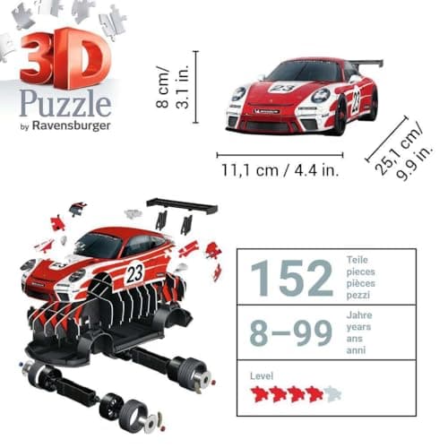 Ravensburger - Puzzle 3D Véhicules - Porsche 911 GT3 Cup Salzburg avec grille de construction - A partir de 10 ans - 108 pièces numérotées à assembler sans colle - Accessoire de finition inclus-11558