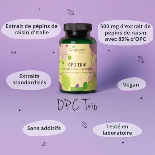 OPC Extraits de Pépins de Raisin | Antioxydant Puissant & Santé Cardiovasculaire | Avec Betterave Rouge & Grenade | Sans Additif & Vegan | 120 Gélules | Vegavero®