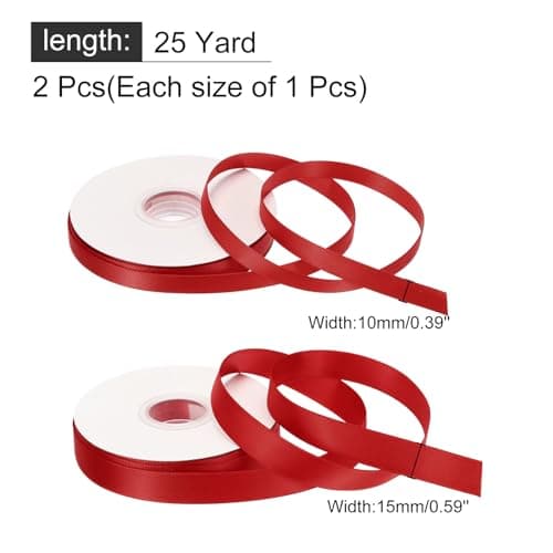 QUARKZMAN Ruban Satin de 50 Yards/150 Pieds pour Emballage Cadeau 1 cm et 1,5 cm Ruban Gros-Grain pour Saint-Valentin pour Gâteau de Fête, Bouquet Fleurs, Rouge (25 Yards/Chaque Rouleau)