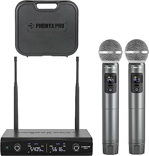 Phenyx Pro Système de Microphones sans Fil avec étui, Ensemble de Microphones sans Fil à Main pour Le Chant, Le karaoké, l'église, 2x30 fréquences UHF réglables, portée de 200 Pieds (PTU-52)