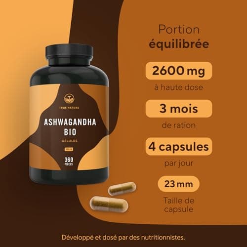 Ashwagandha Bio - Extra Fort: 650mg (360 Gélules) - Withanolide - Bien-Être Mental & Physique, Sommeil, Cardiovasculaire - Vegan - Sans: Additifs, Lactose & Gluten - TRUE NATURE