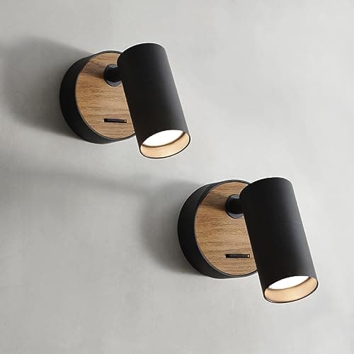 ouglres Applique Murale Noire Avec Interrupteur,2 Packs d'Appliques Murales En Bois Design Rétro En Aluminium,Applique Murale Intérieure Éclairage Compact Salon Chambre,Gu10(Ampoule Non Incluse)