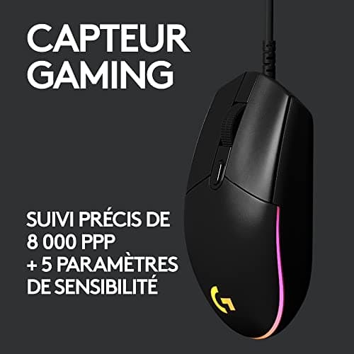 Logitech G203 LIGHTSYNC USB Souris Gaming avec Éclairage RVB Personnalisable, 6 Boutons Programmables, Capteur Niveau Gaming, 8 000 PPP, Ultra-Léger - Noire