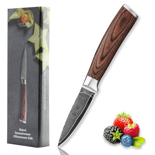 WAKOLI Edib Couteau d'office en Damas I Lame tranchante de 8,5 cm en acier damassé à 67 couches avec noyau VG10 et manche en bois de pakka I Couteau de cuisine professionnel & couteau damassé