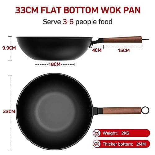 Jobin 33 cm/5,6L Wok en Acier au Carbone Avec Couvercle - Sans Revêtement Chimique - Cuisiner des Plats Asiatiques pour 4-6 Personnes - Convient à Induction/Electrique/Gas