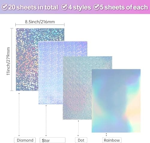 20 Feuilles Autocollant Holographique A4, Vinyle Adhésif Holographique, Papier Vinyl Stickers Imprimable pour Imprimante à Jet d'Encre, pour Artisanat Décalcomanies Décorations