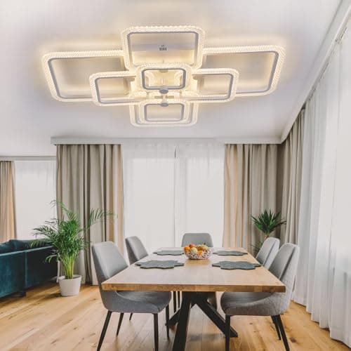HIHIHOMY Plafonnier Moderne De 41,3 Pouces Lampe Salon Plafond En Cristal Pour Plafond De Salon, Cadre En Cristal Blanc 8 Carrés, Plafonnier Led Moderne Dimmable, Luminaire Plafonnier Led Metal