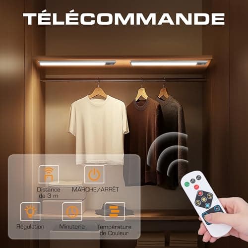 EverBrite Lampe Detecteur de Mouvement Interieur, Lampe de Placard 78 LED, Lumière Réglable 3000K/4000K/6500K, 3 Modes, Télécommande, Veilleuse Rechargeable USB pour Armoire, Cuisine, Salle de Bains