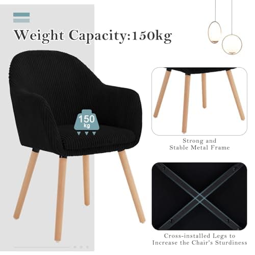 WOLTU Chaise de Salle à Manger, Lot de 6 Chaises, Chaise Ergonomique, Chaise de Cuisine avec Accoudoirs, Chaise Rembourrée avec Pieds en Bois Massif, en Velours Côtelé, Noir, EZS26sz-6