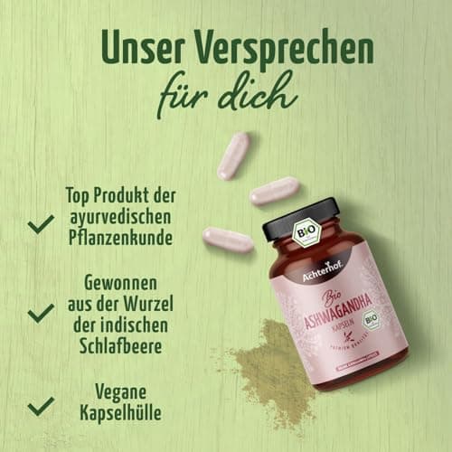 Gélules d'ashwagandha bio 150 pièces | poudre d'ashwagandha finement moulue sous forme de gélules | qualité biologique certifiée | rôle important dans l'ayurvéda indien | vom Achterhof