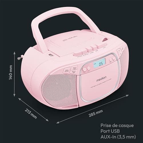 MEDION E66476 Stereo Sound System (Boombox, Lecteur CD, MP3, Cassette, Lecteur de Cassette Portable pour Enfants, Radio FM, AUX, écouteurs, Secteur & Batterie) Rose