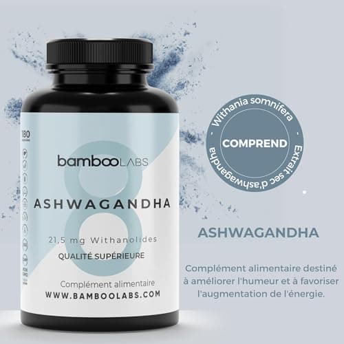 Bamboo Labs - Ashwagandha avec Extrait Sec de Withania Somnifera, Favorise l'Apparition du Sommeil, le Bien-être Intellectuel et Physique, 180 Gélules d'Aswaghanda Pendant 6 Mois.