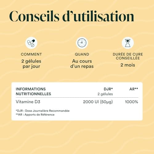 NOVOMA Vitamine D3 2000 UI/j, Vitamine D Naturelle Micro-encapsulée - Haute Absorption, Système Immunitaire, Santé des Os & Muscles, Cure de 2 mois, 120 gélules, Fabriqué en France
