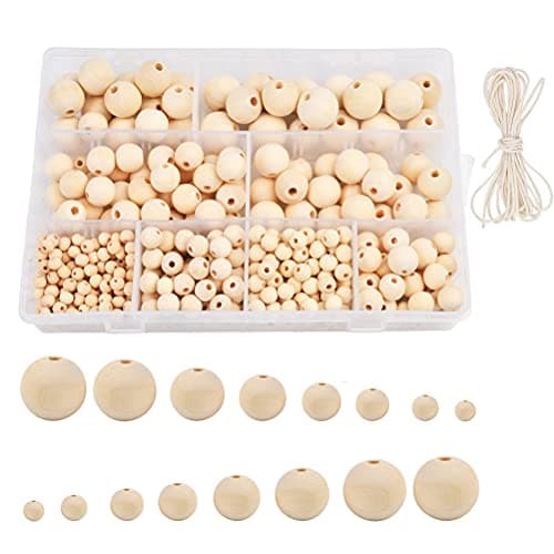 FOROREH 485pcs Perles en Bois, 8 Tailles Naturel Perles en Bois Boules de Bois avec Ficelle pour l'artisanat et Le Bricolage - 6 mm, 8 mm, 10 mm, 12 mm, 14 mm, 16 mm, 18 mm, 20 mm
