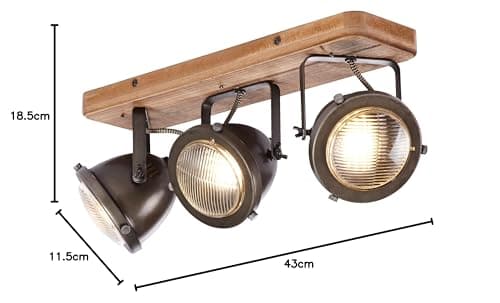 Lightbox 3 flammiger Deckenstrahler im Vintage Look - Industrial Deckenleuchte mit schwenkbaren Köpfen -aus Metall/Kiefernholz in Stahlfarben